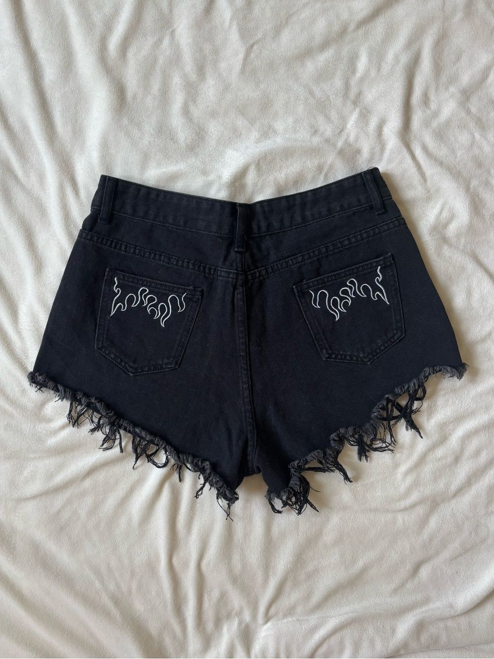 Black Frayed Hem Denim Shorts with Flame Pocket Detail